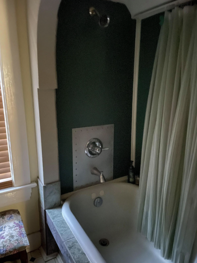 Image description: A high angle photograph of an empty bathtub. The room is dimly lit.The shower curtain is pulled back, and a bit of light comes in through the drawn blinds from the window to the left of the frame.